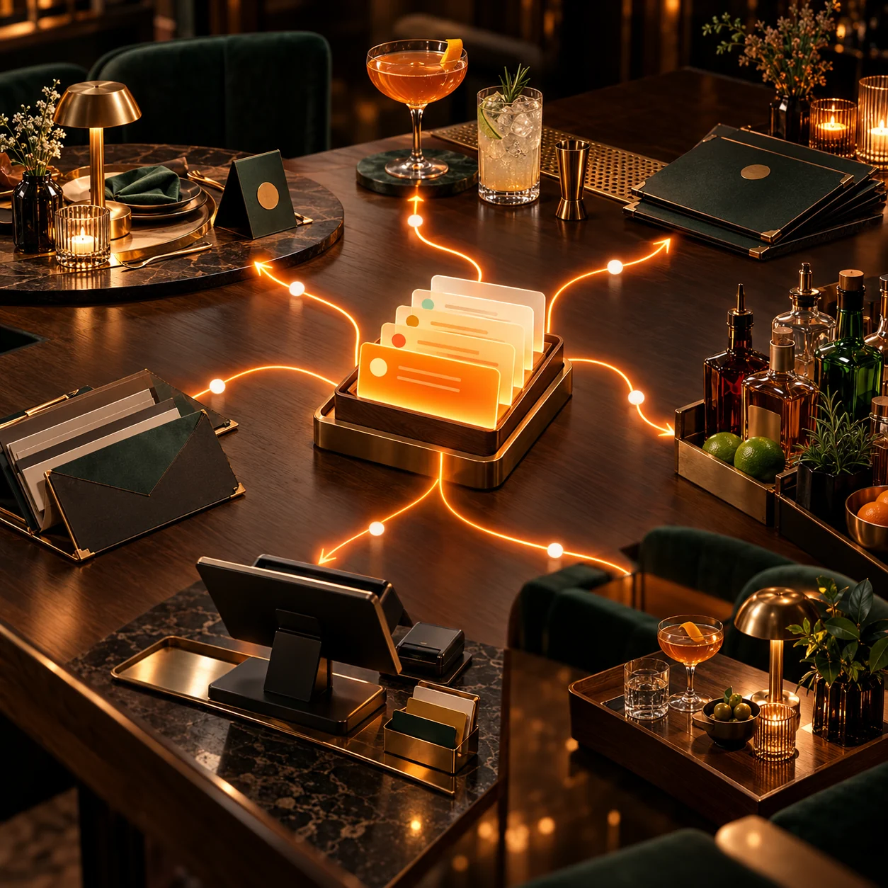 Cocktail bar operations scene with orange guest-request routes connecting reservations, seating, events, inventory, payments and guest care