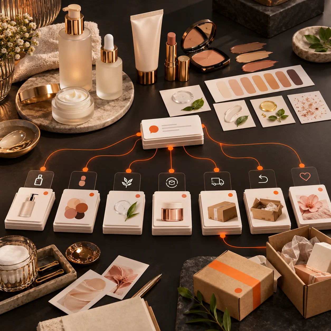 Beauty product brand operations scene with skincare, shade swatches, order parcels, customer-care cards and orange support routes
