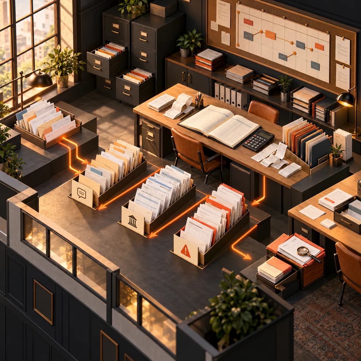 Isometric bookkeeping office with ledgers, receipts, filing trays, client cases and orange routes for support ticket triage