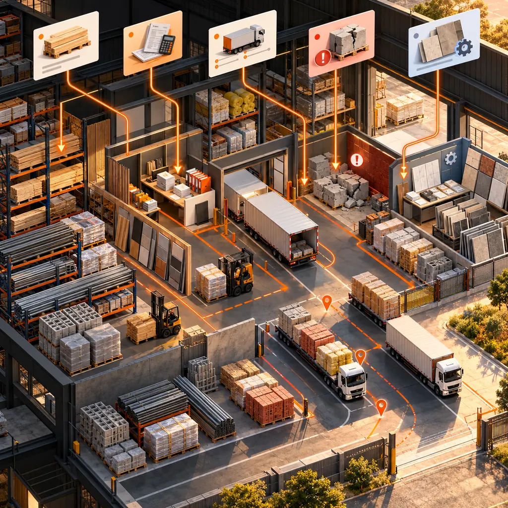 Isometric building-material supplier warehouse with lumber, steel, concrete, pallets, trucks and orange support-ticket routes