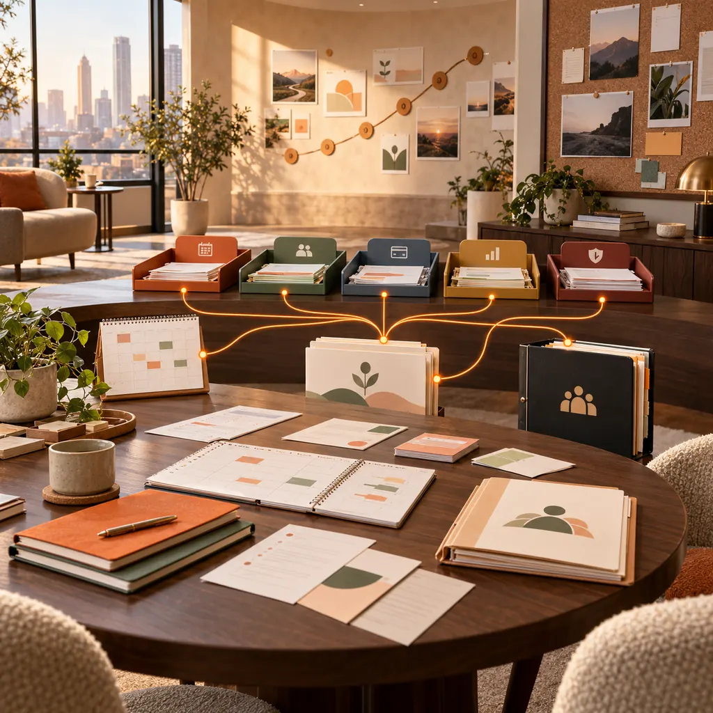 Business coaching studio with goal board, session calendars, client folders and orange support-ticket routes
