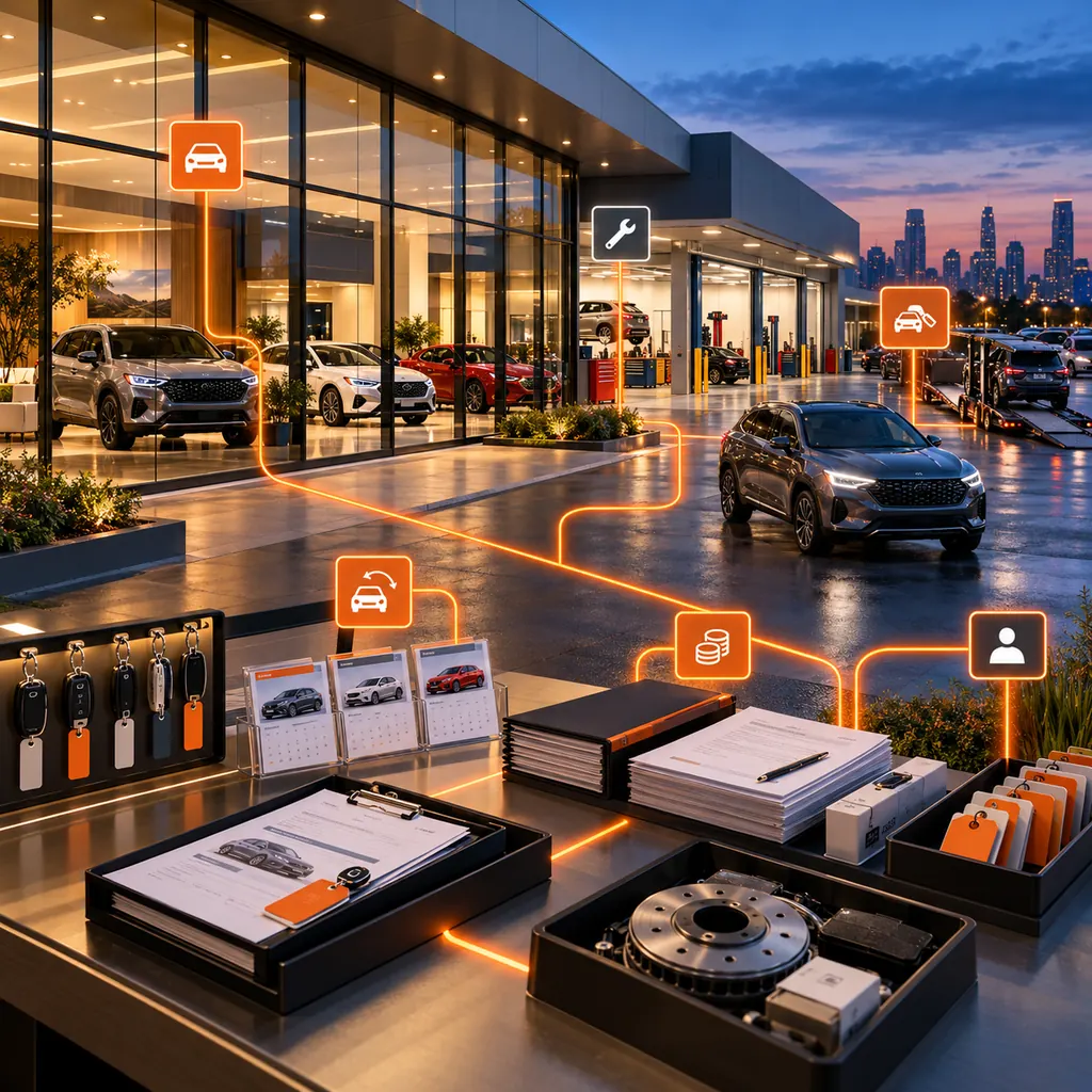 Car dealership at blue hour with showroom vehicles, service bays, keys, delivery folders and orange support-ticket routes