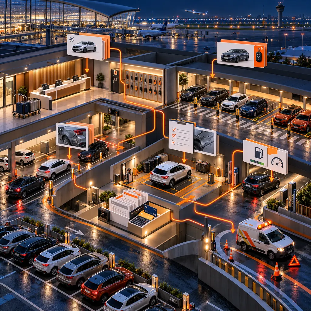 Airport car rental center at night with key lockers, pickup and return bays, inspection cards and orange support-ticket routes