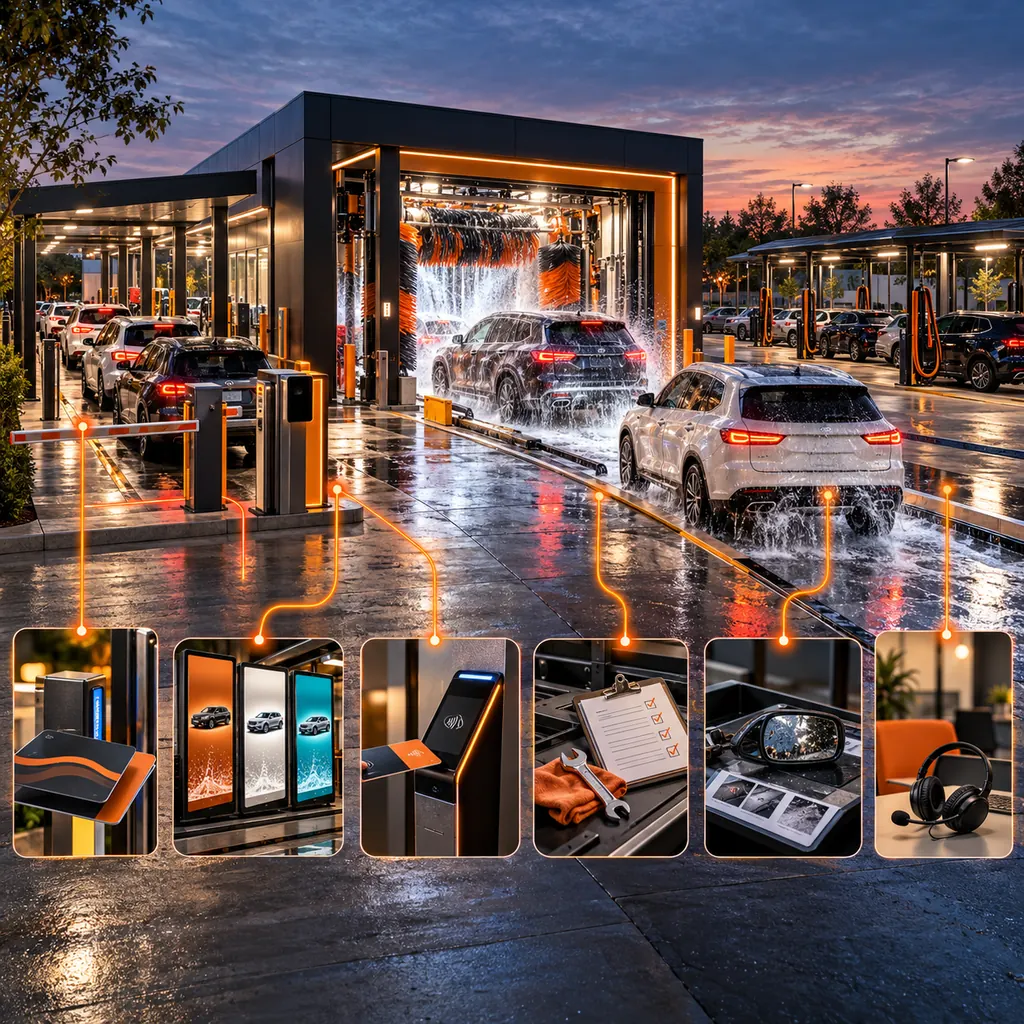 Car wash at dusk with wash tunnel, vehicles, membership and payment stations, maintenance cards and orange support-ticket routes