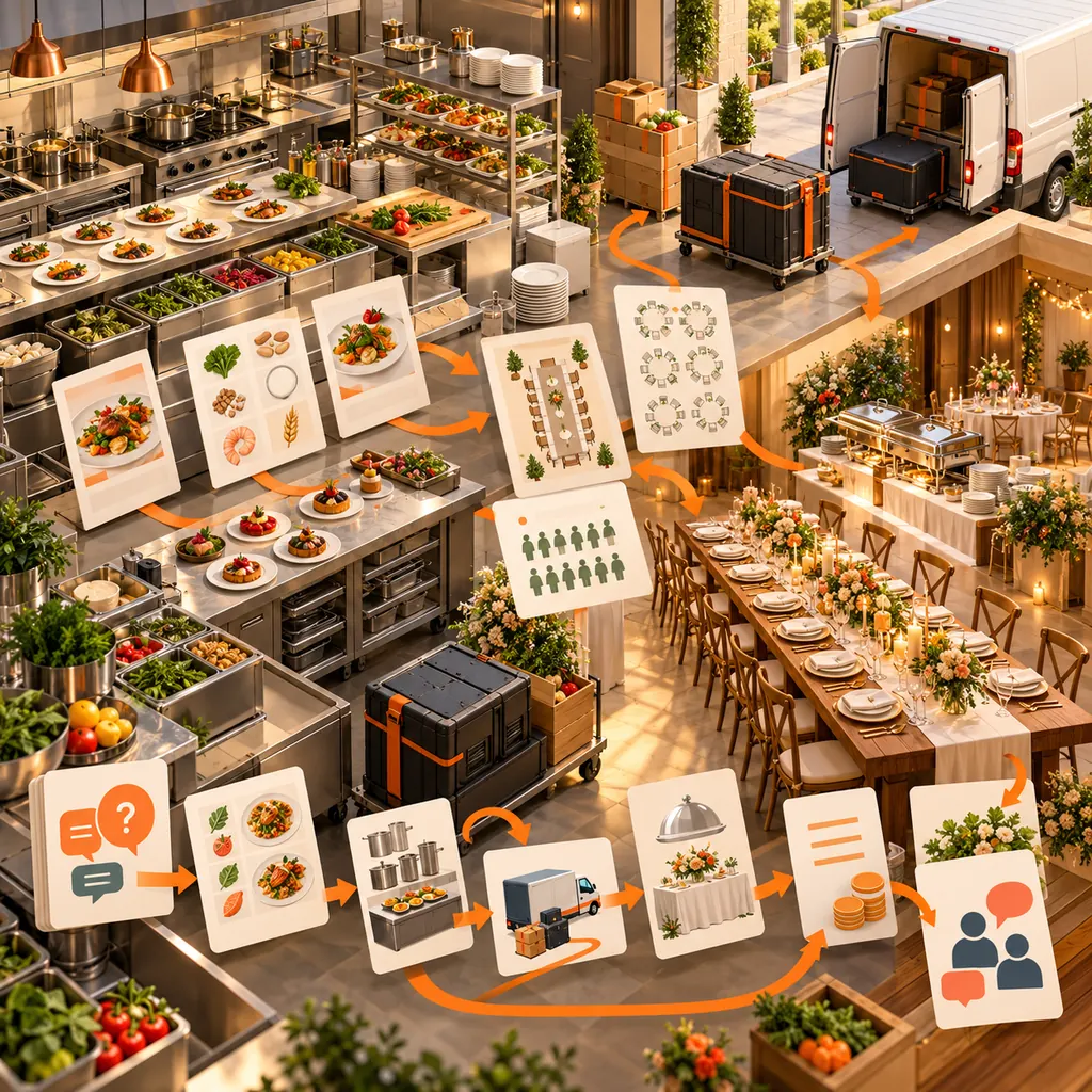 Catering kitchen and event venue with plated food, delivery crates, menu cards, guest plans and orange support-ticket routes