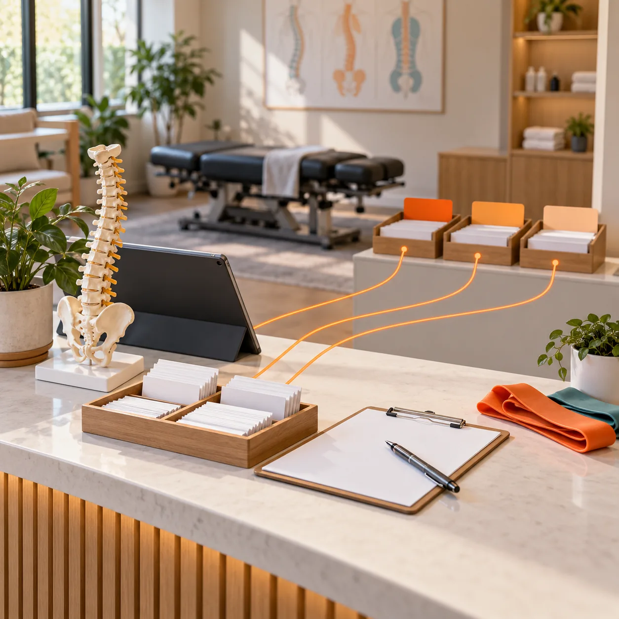 Bright chiropractic office intake desk with anatomical spine model, treatment table, routed service trays, clipboard, and orange workflow lines