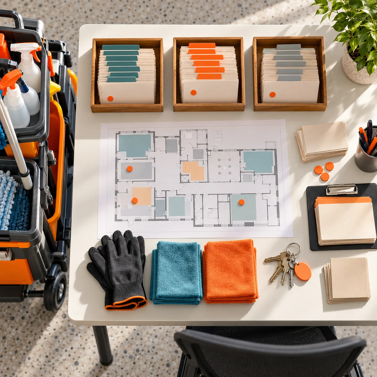 Overhead commercial cleaning operations desk with supply cart, facility plan, service trays, work-order cards, gloves, cloths and orange markers