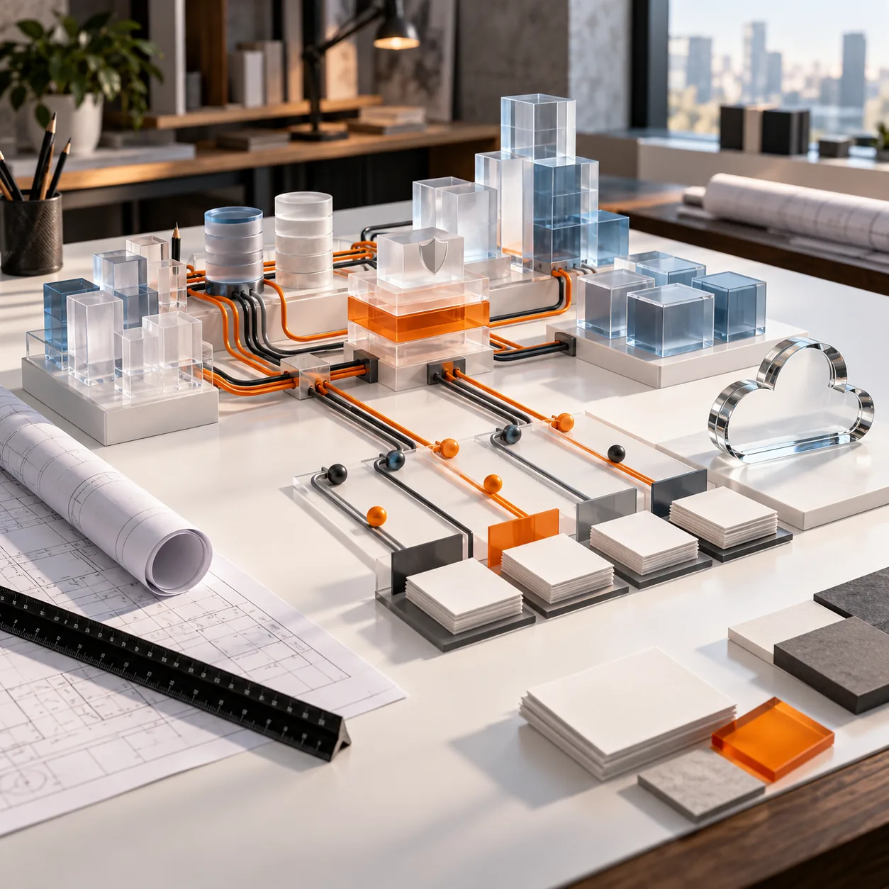 Architectural cloud consulting model with translucent workload blocks, orange and charcoal cable routes, project trays, blueprints and glass cloud sculpture