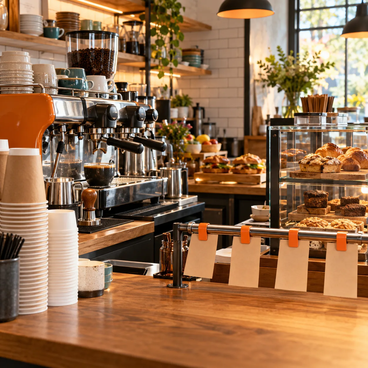 Warm specialty coffee bar with espresso machine, pastry case, blank order-ticket rail, cups and orange ticket clips