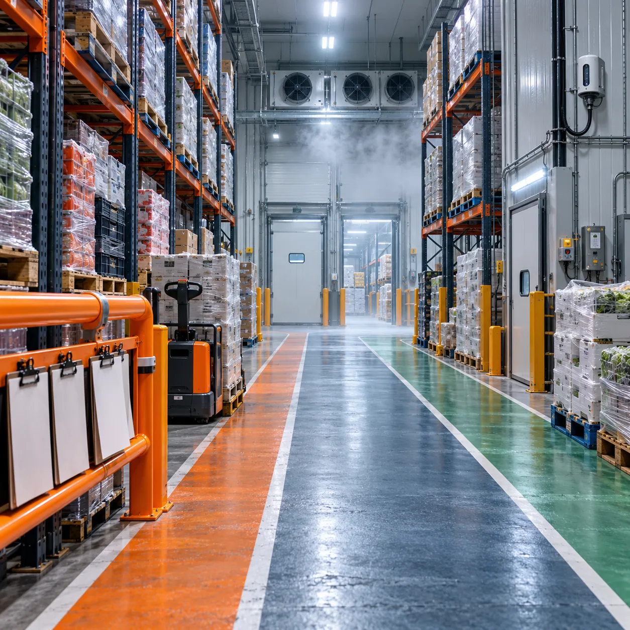 Wide refrigerated warehouse aisle with pallet racks, cold mist, orange safety rails, blank ticket clipboards, dispatch lanes and temperature equipment