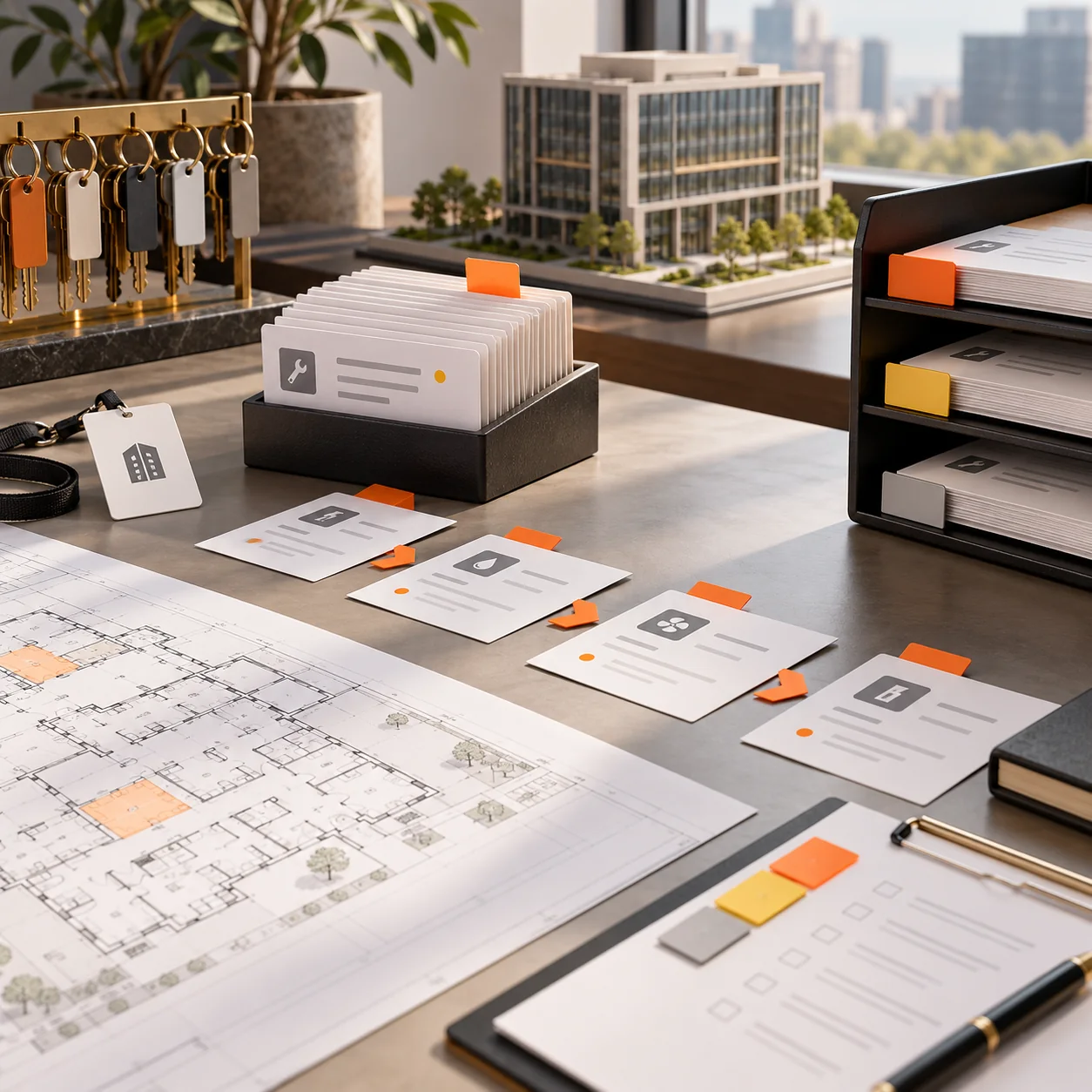 Commercial property management desk with building floor plans, tenant service cards, labeled keys, office building model, and orange priority markers