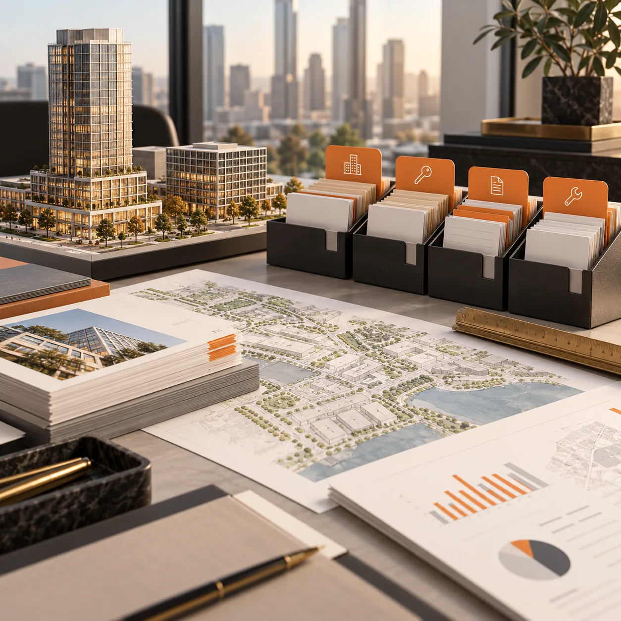 Commercial real estate workspace with building models, urban site plans, property folders, transaction cards, and orange priority tabs