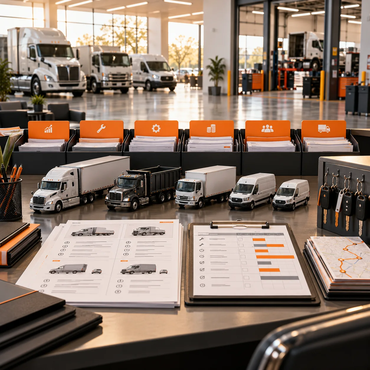 Commercial vehicle dealership with trucks and vans, service bay, vehicle specification sheets, keys, route cards, and orange priority trays