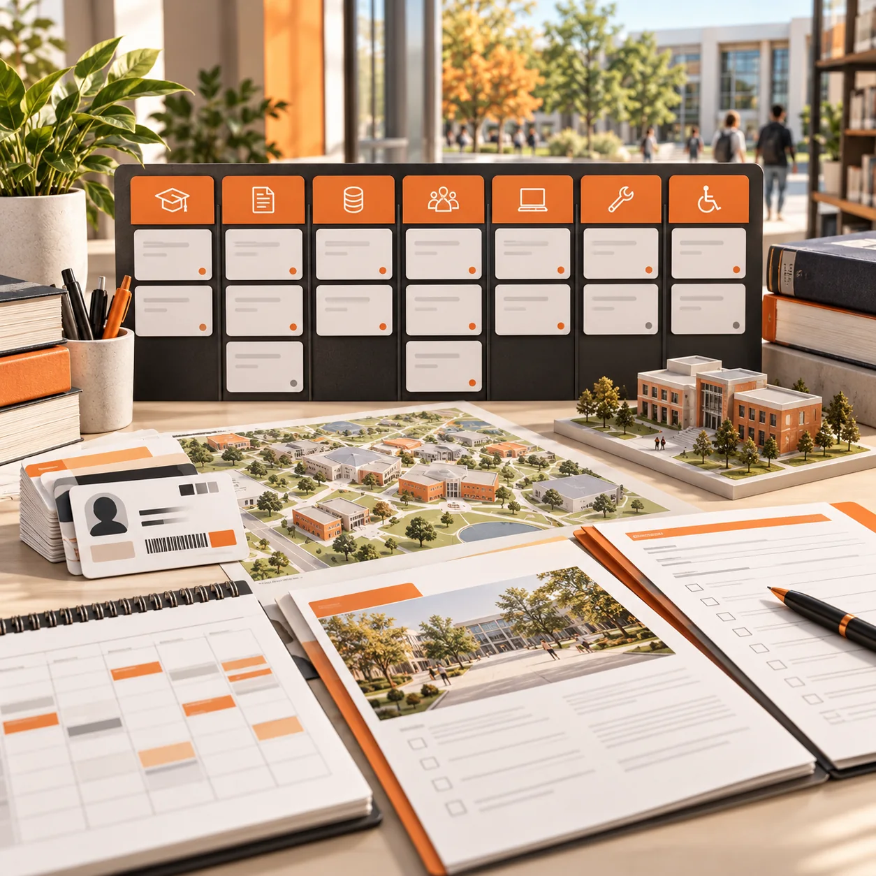 Community college student-services hub with campus map, student cards, program forms, campus models, and orange support-priority lanes