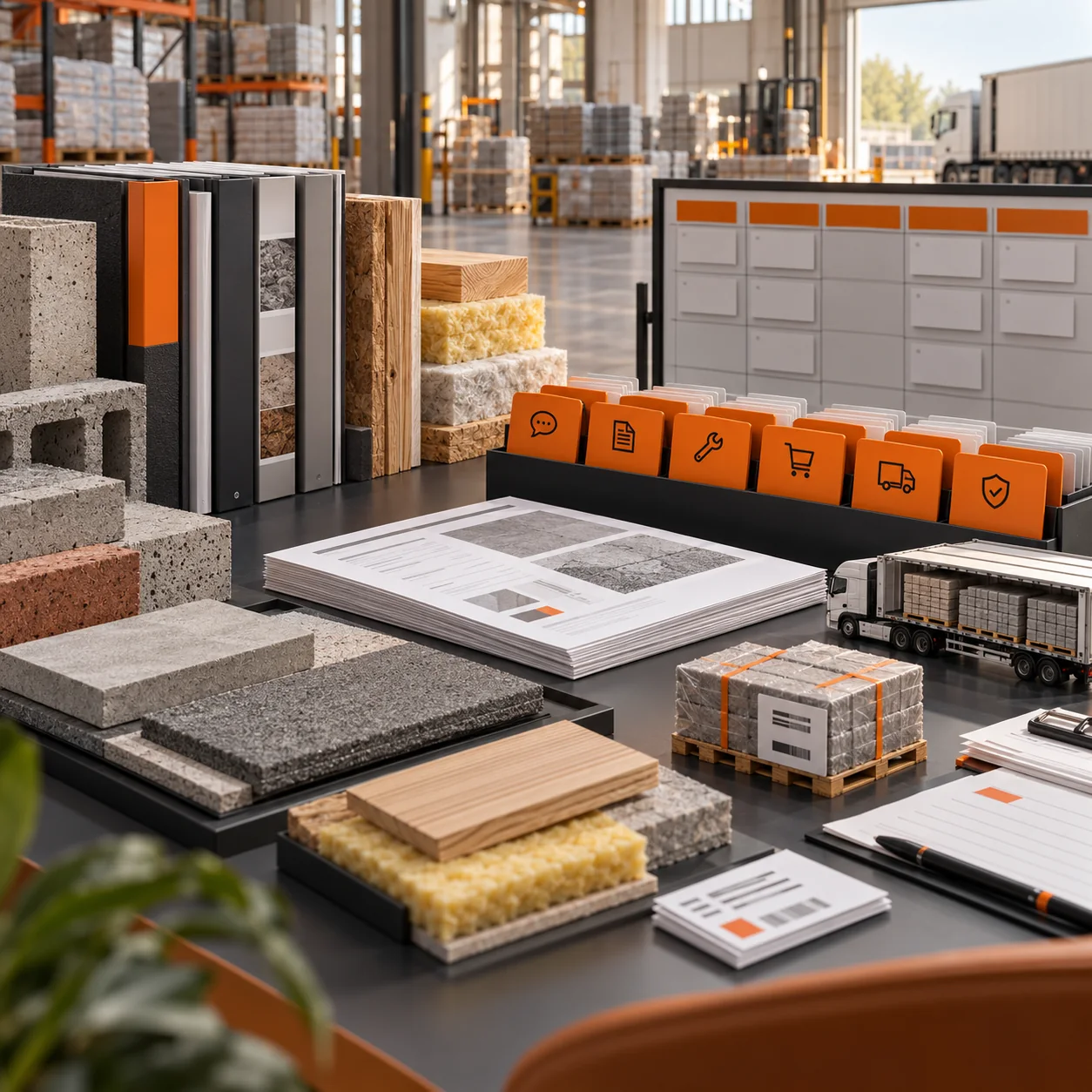 Construction materials manufacturing and logistics workspace with masonry, lumber, insulation, specification binders, pallets, and orange priority lanes