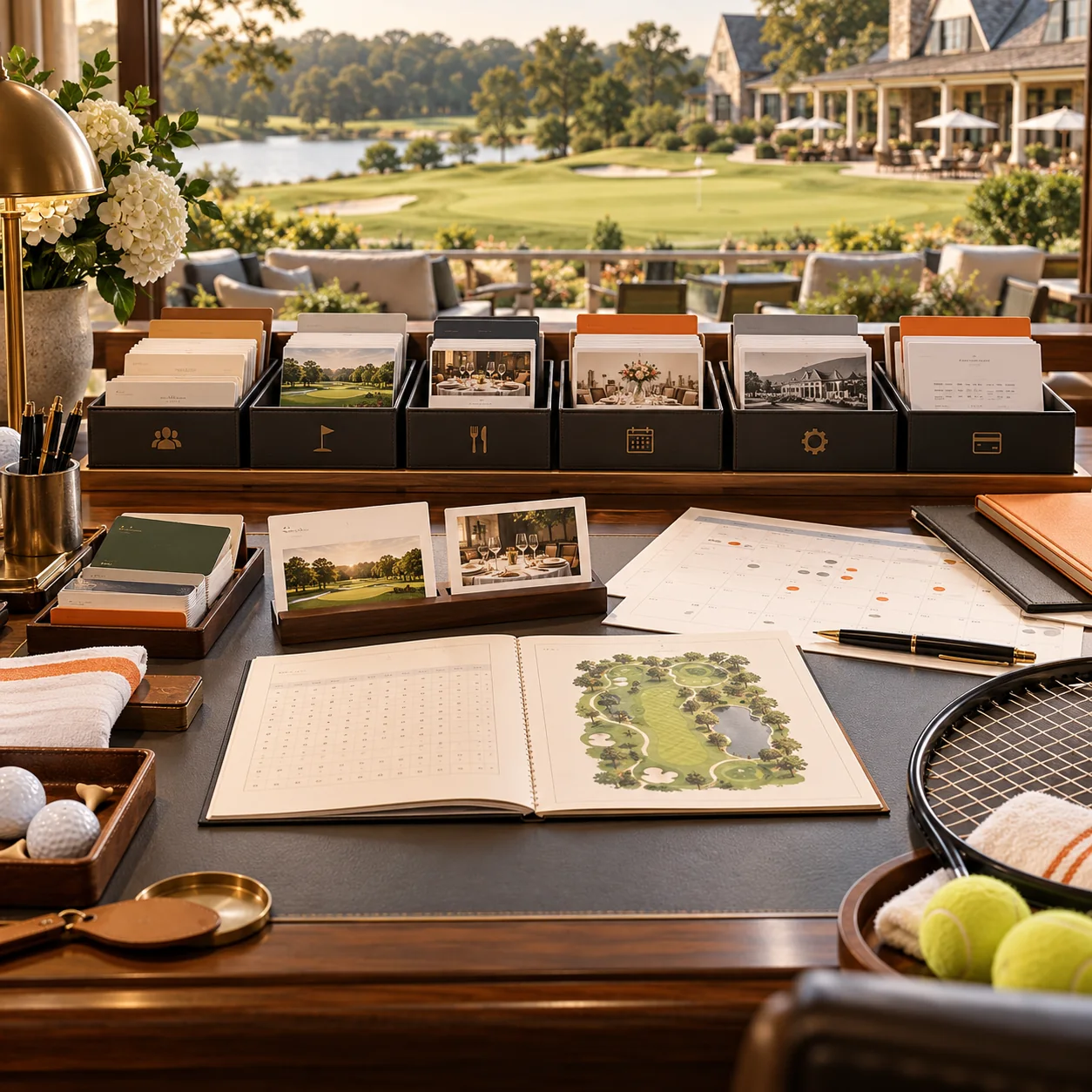 Country club operations desk with golf course, clubhouse, membership folders, reservation cards, event calendar, tennis racket, and orange service trays