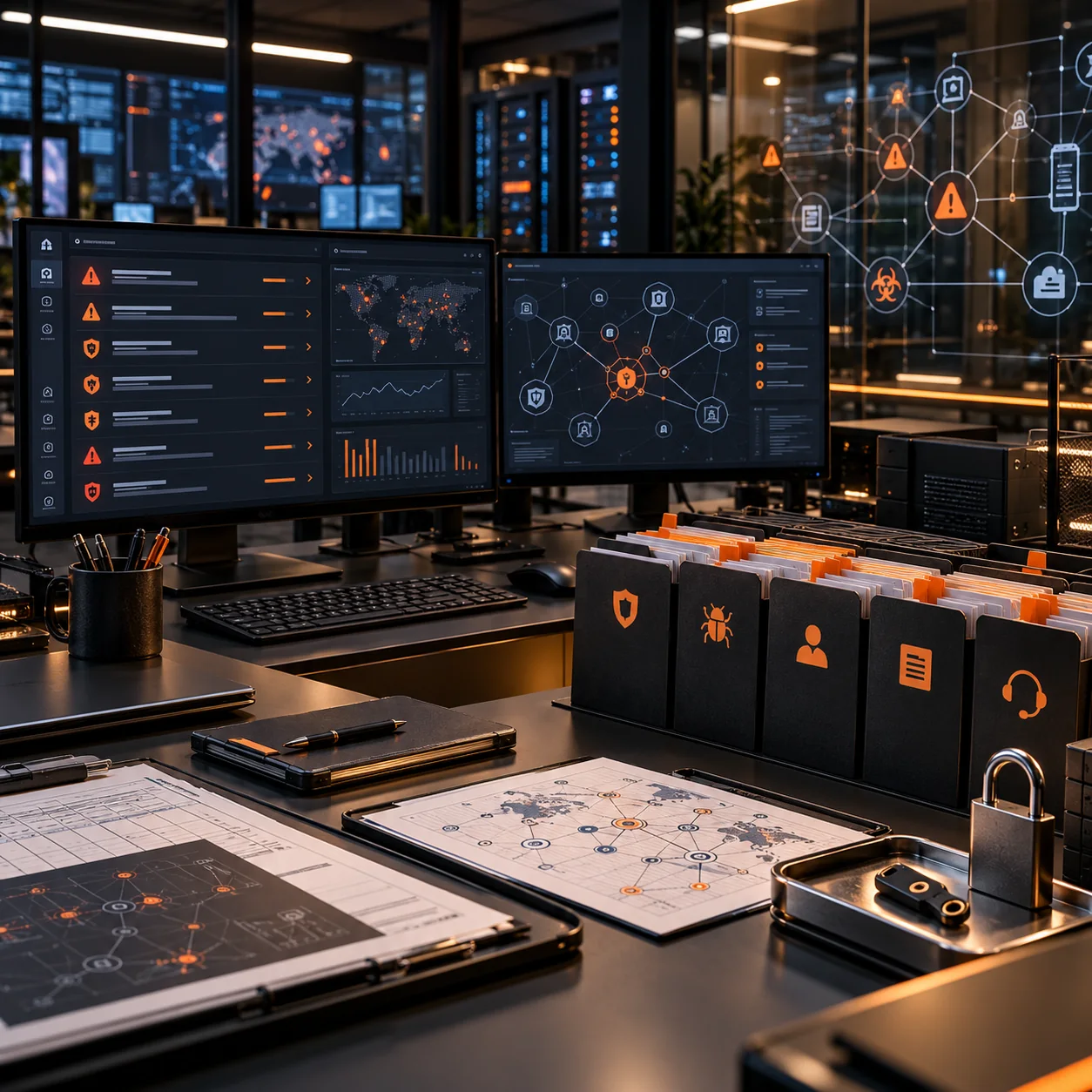 Cybersecurity operations workspace with alert consoles, incident folders, network maps, lock hardware, and orange priority markers