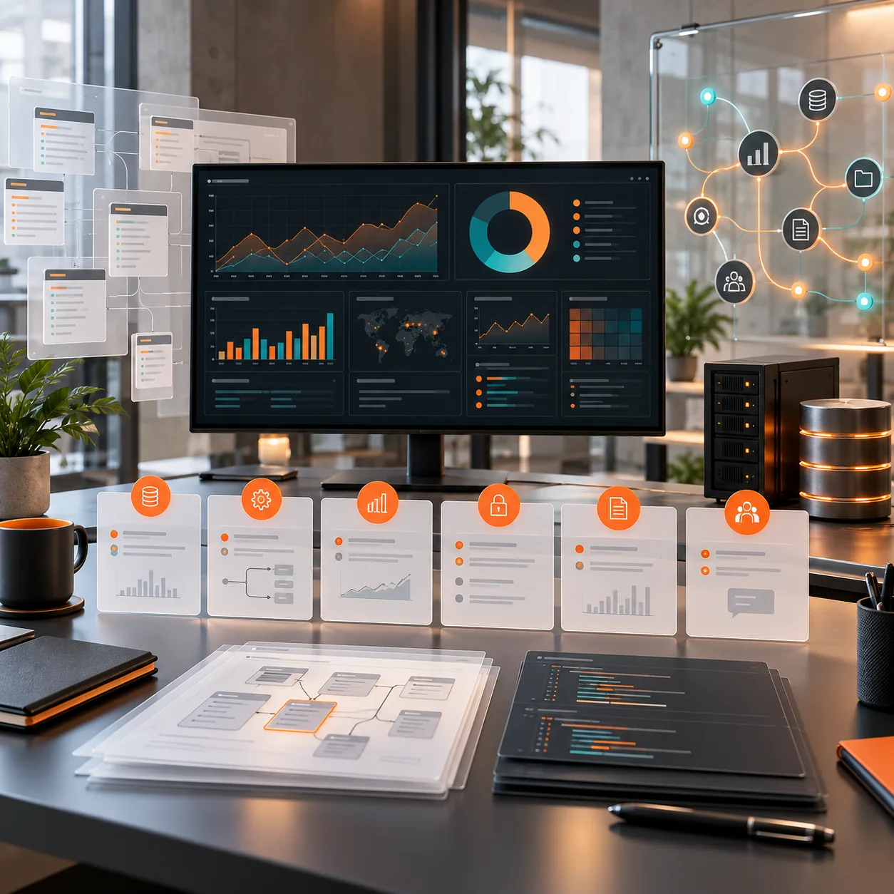 Data analytics studio with dashboards, data-model cards, connected data nodes, server hardware, and orange support-priority markers