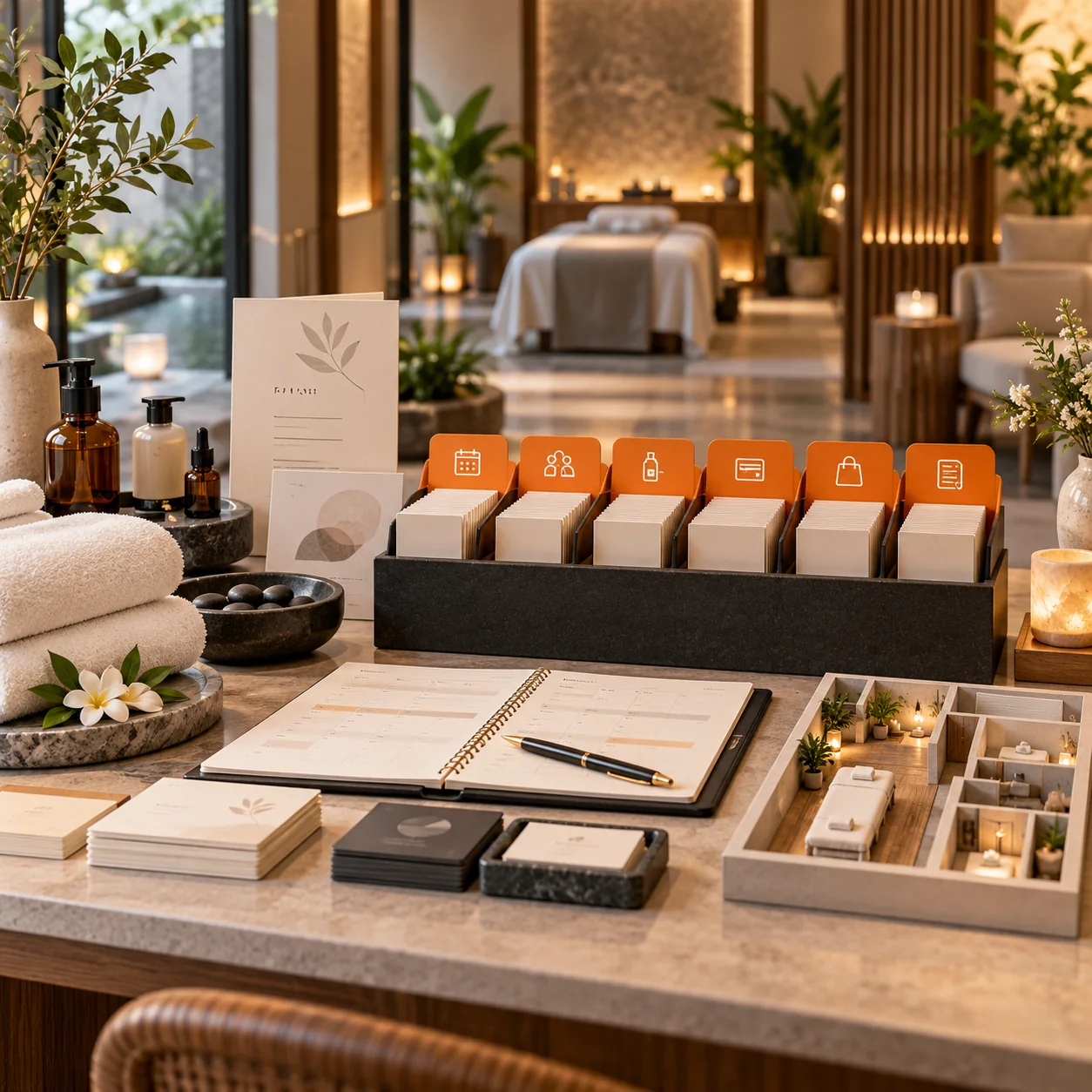 Day spa reception and operations desk with treatment cards, appointment trays, towels, skincare bottles, massage stones, and orange priority markers