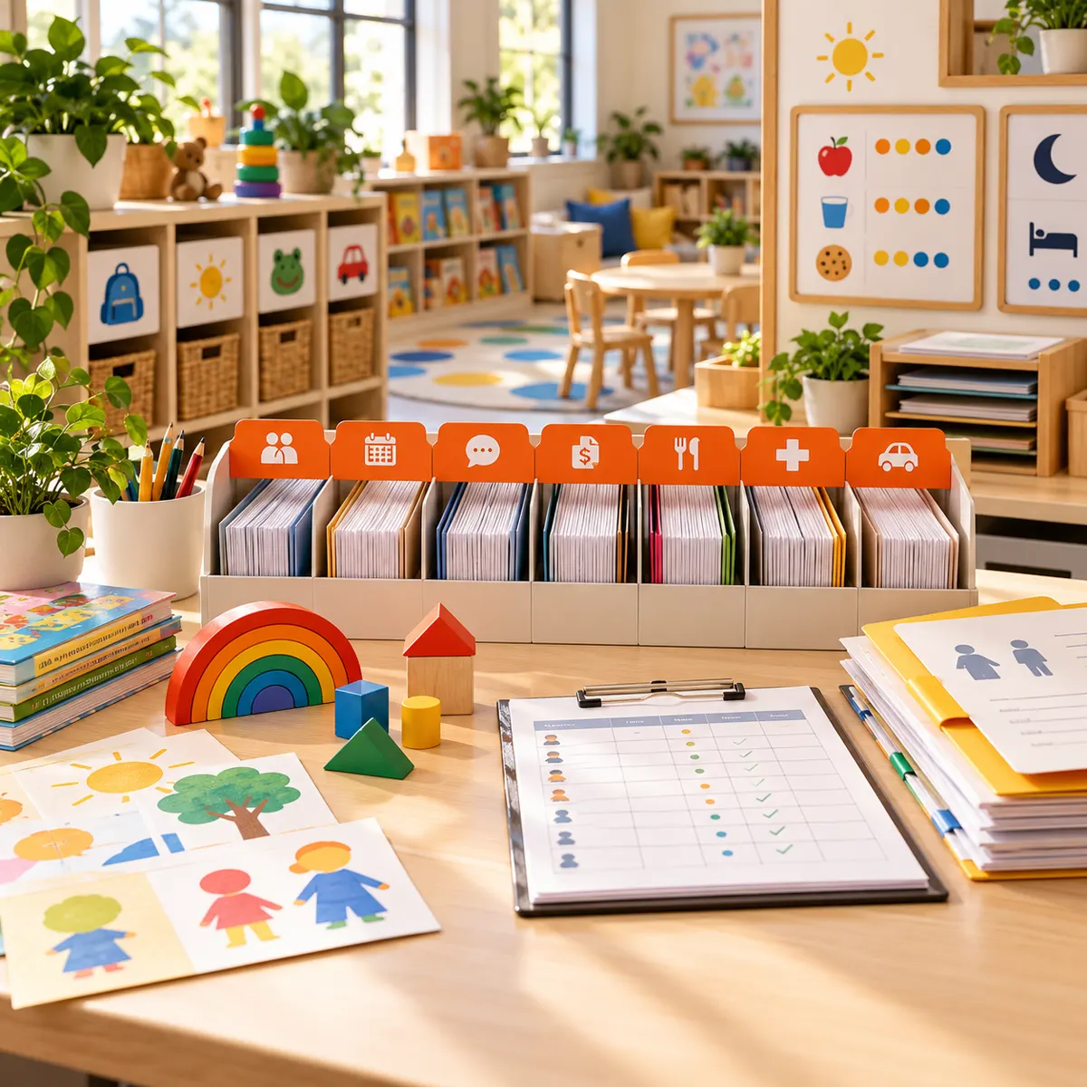 Daycare center operations desk with classroom cards, attendance clipboard, pickup folders, snack schedule, classroom model, and orange priority trays