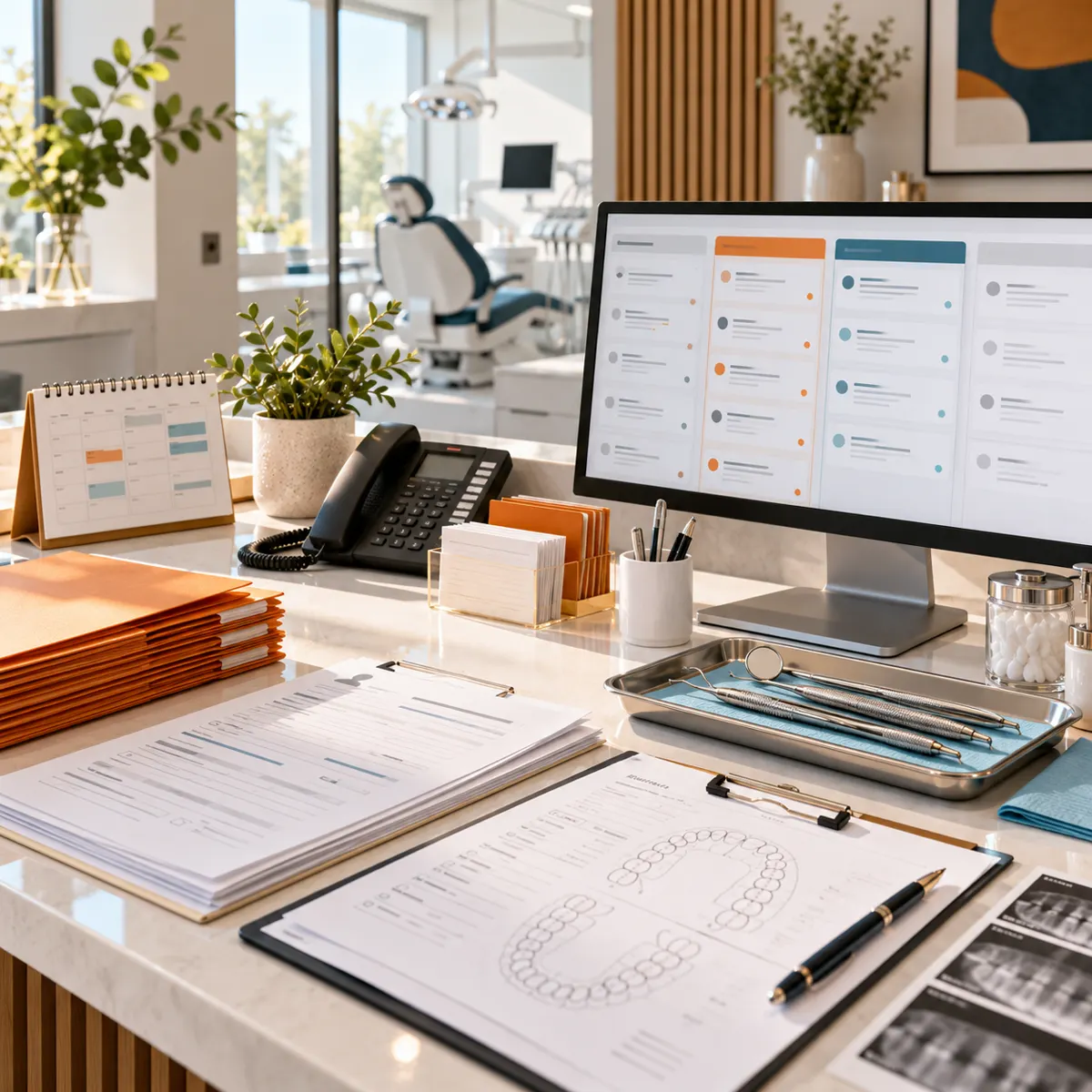 Dental practice operations desk with appointment calendar, patient forms, triage lanes, dental instruments, tooth chart, and orange folders