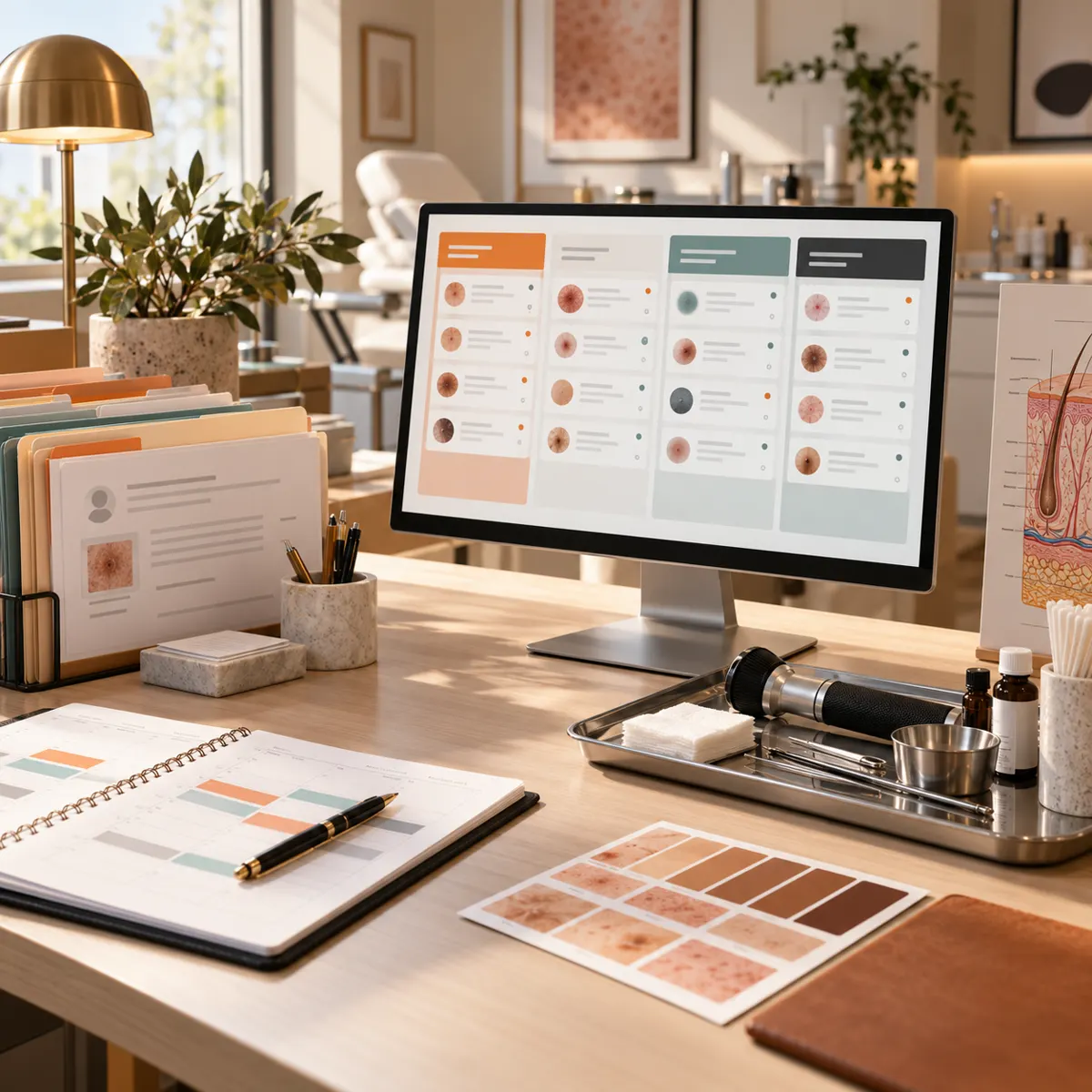 Dermatology clinic operations desk with patient folders, appointment planner, triage screen, dermatoscope, skin-tone swatches, and clinical diagram