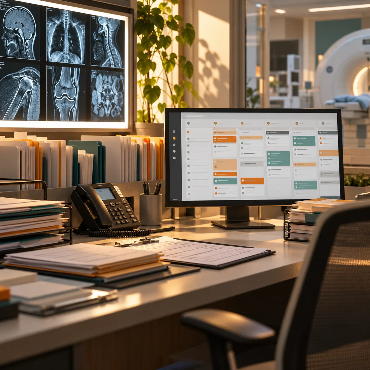 Diagnostic imaging center operations desk with scan viewing panel, referral folders, triage workflow screen, phone, appointment papers, and orange accents