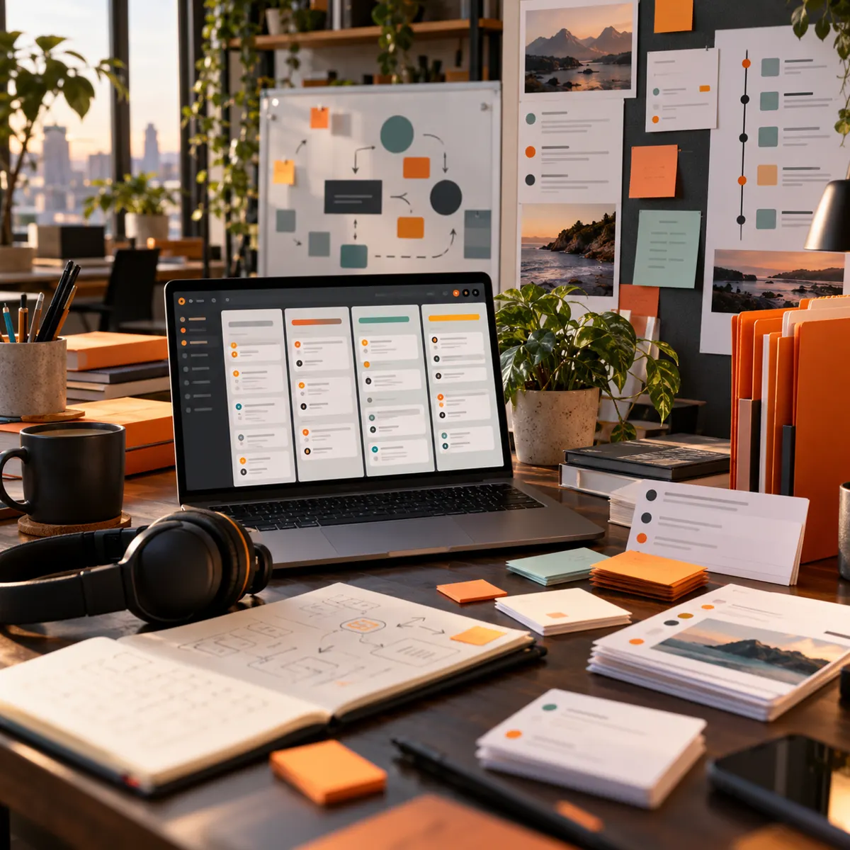 Digital product operations workspace with laptop support lanes, product roadmap cards, release notes, customer feedback, headphones, and orange folders