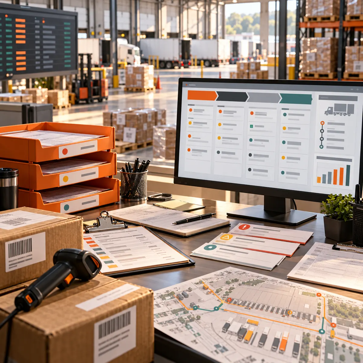 Distribution center control desk with dock schedule, pallet labels, handheld scanner, route map, shipment exception cards, and orange priority trays