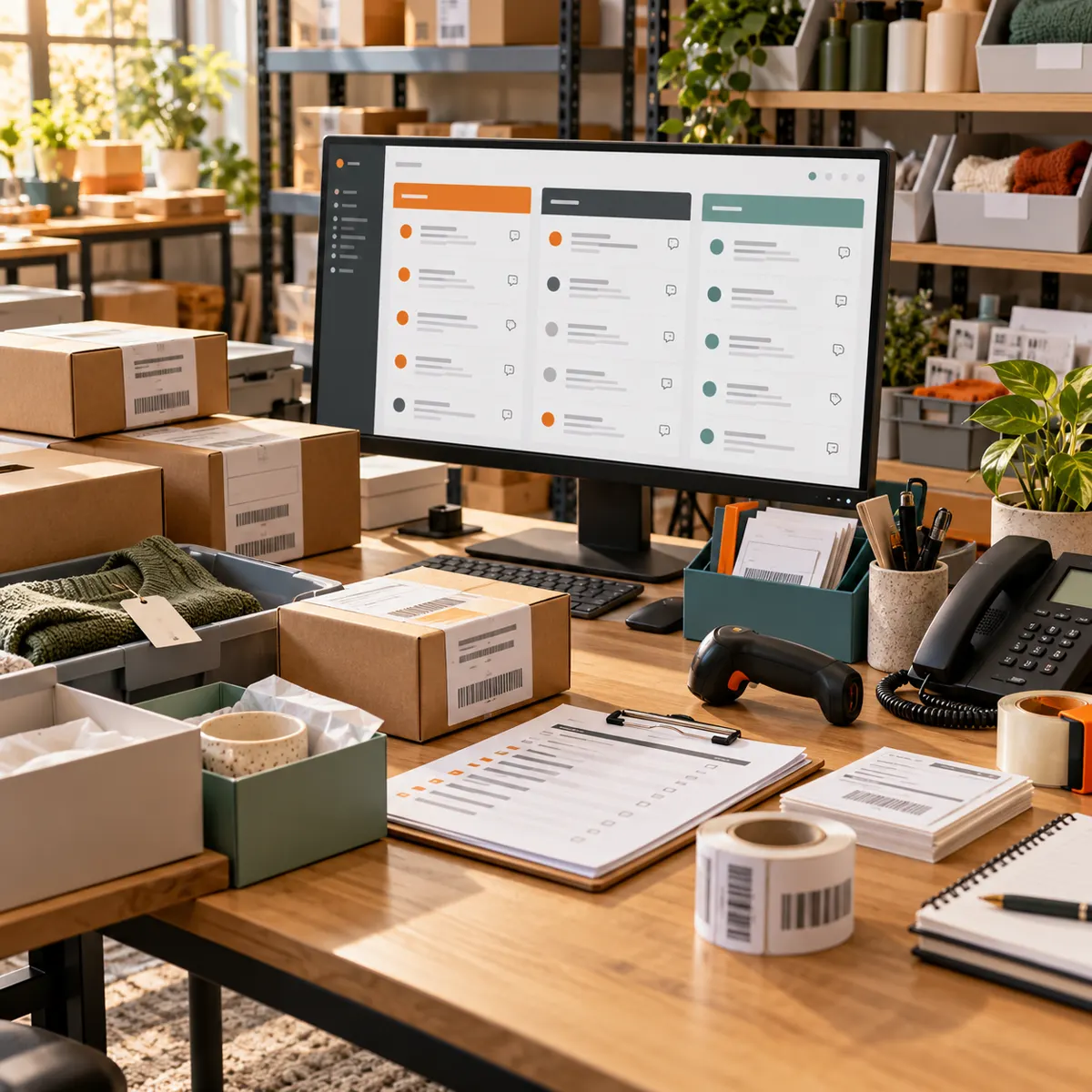 Ecommerce operations desk with parcels, product boxes, order lists, return labels, barcode scanner, support lanes, and orange folders