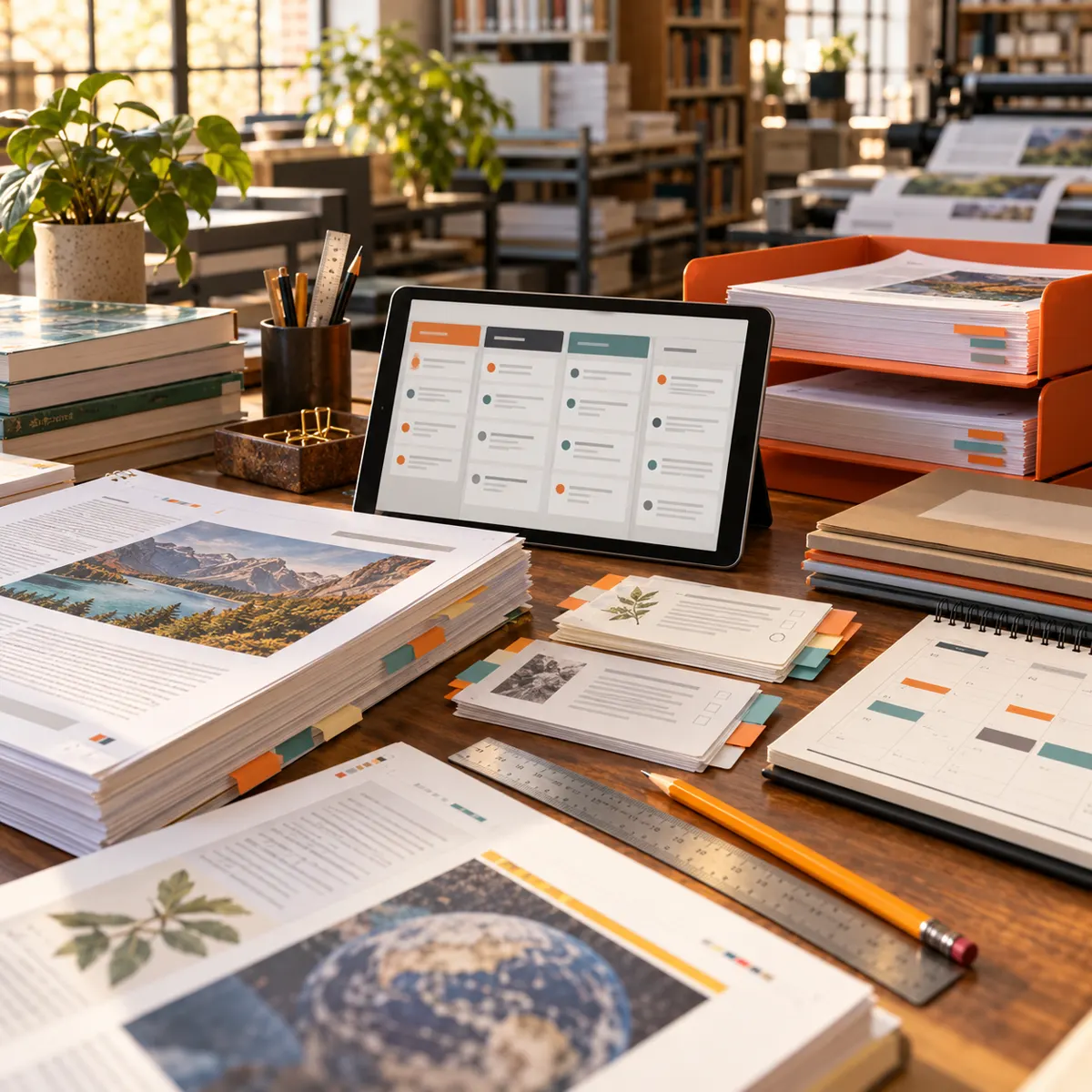 Educational publishing operations desk with textbook proofs, manuscript folders, curriculum review cards, editorial trays, publication calendar, and issue lanes