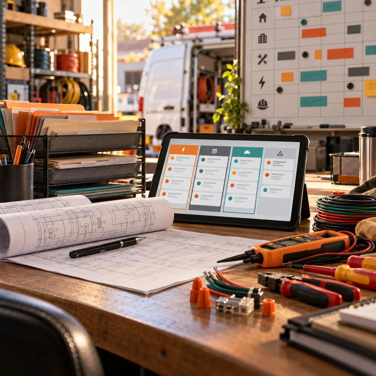 Electrical contractor dispatch desk with blueprints, circuit diagrams, work orders, insulated tools, wire samples, crew schedule, and orange service lanes