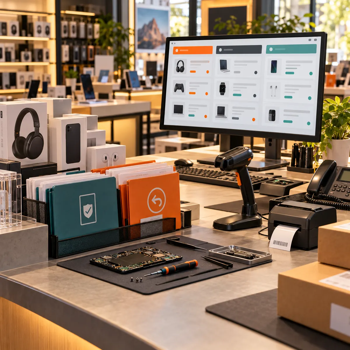 Electronics store service counter with product boxes, repair mat, circuit board, warranty folders, barcode scanner, POS support lanes, and orange returns tray