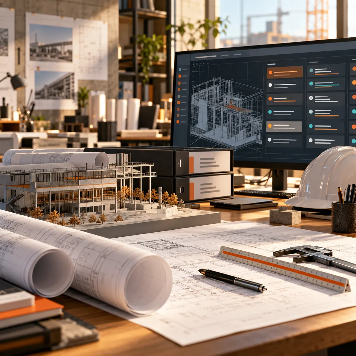 Engineering project coordination desk with technical drawings, structural model, CAD issue lanes, project binders, drafting tools, safety helmet, and orange review tabs