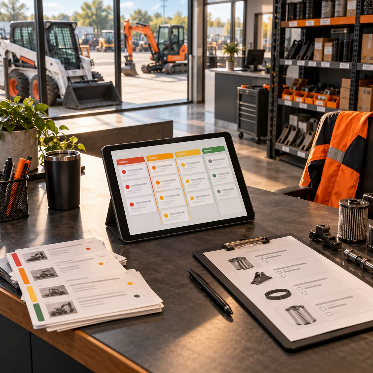 Equipment dealership service desk with construction machinery, parts shelves, service request cards, tablet priority lanes, work jacket, and repair components
