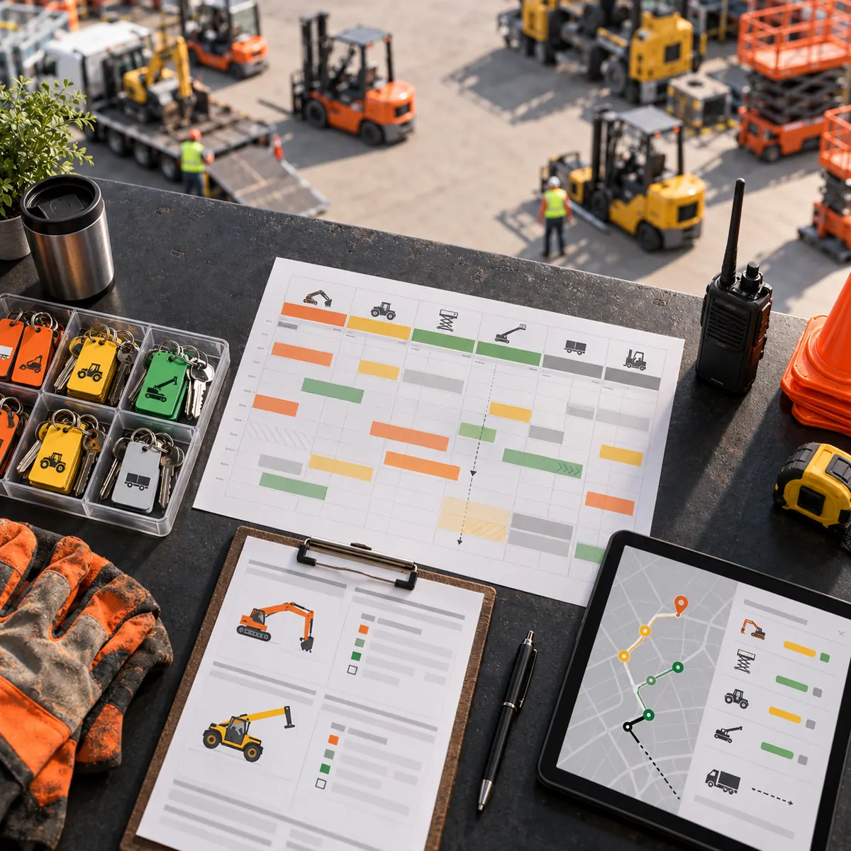 Equipment rental dispatch table with color-coded machine keys, rental calendar, dispatch map, clipboard, radio, safety gloves, and machinery yard