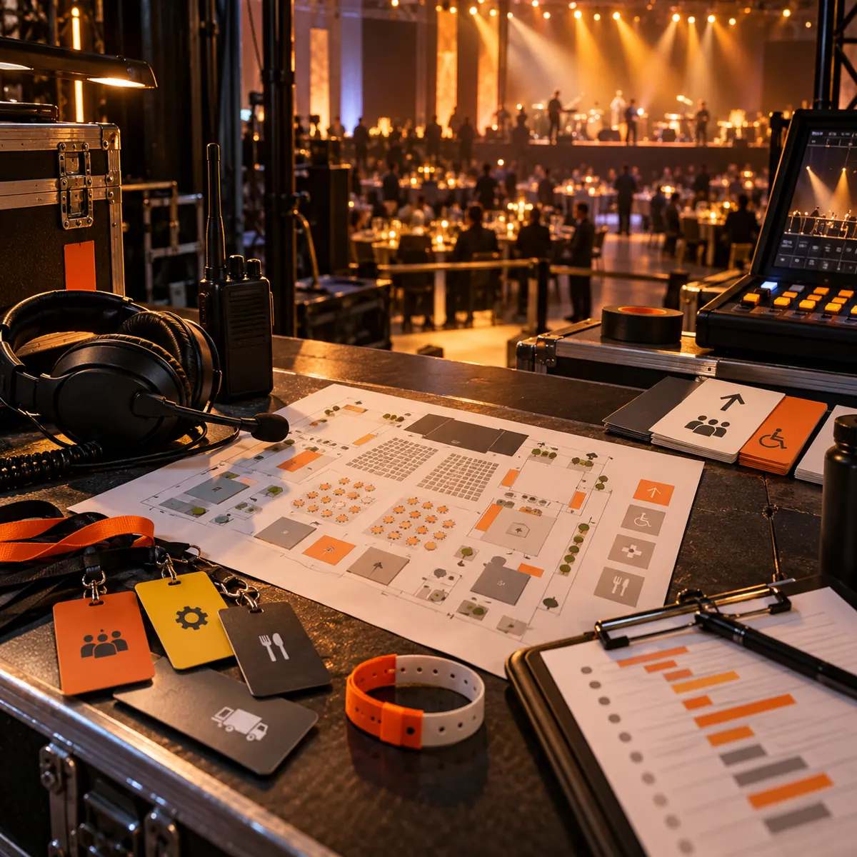 Event venue operations table with seating plan, event badges, production headset, radio, accessibility cards, stage-light controls, and illuminated venue