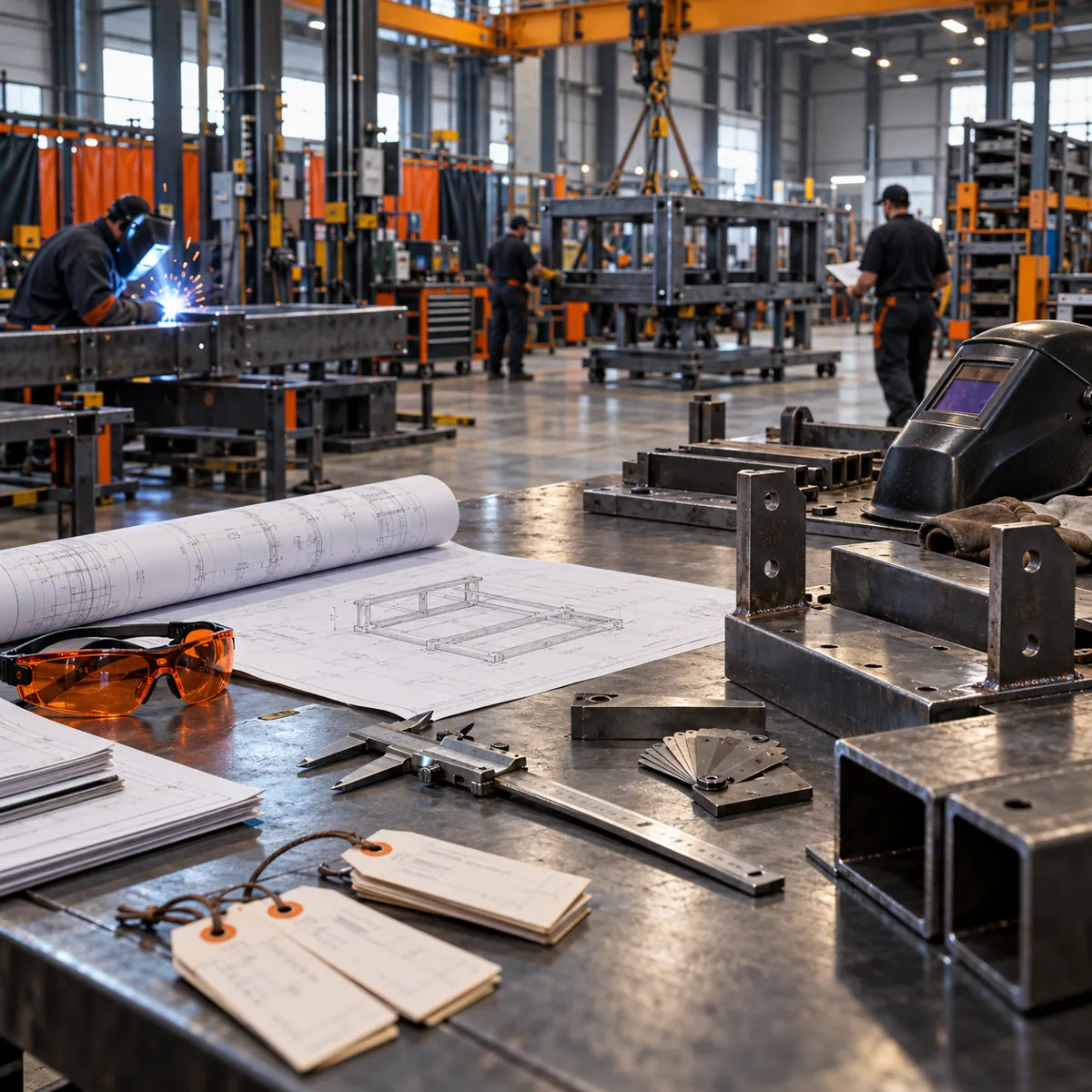 Metal fabrication shop with welding, steel assemblies, fabrication drawings, calipers, weld helmet, orange safety glasses, job tags, and gantry crane