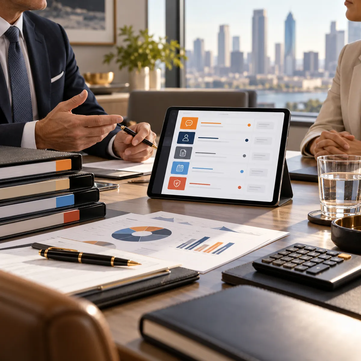 Financial advisory meeting table with client folders, portfolio charts, calculator, tablet request lanes, fountain pen, and city skyline