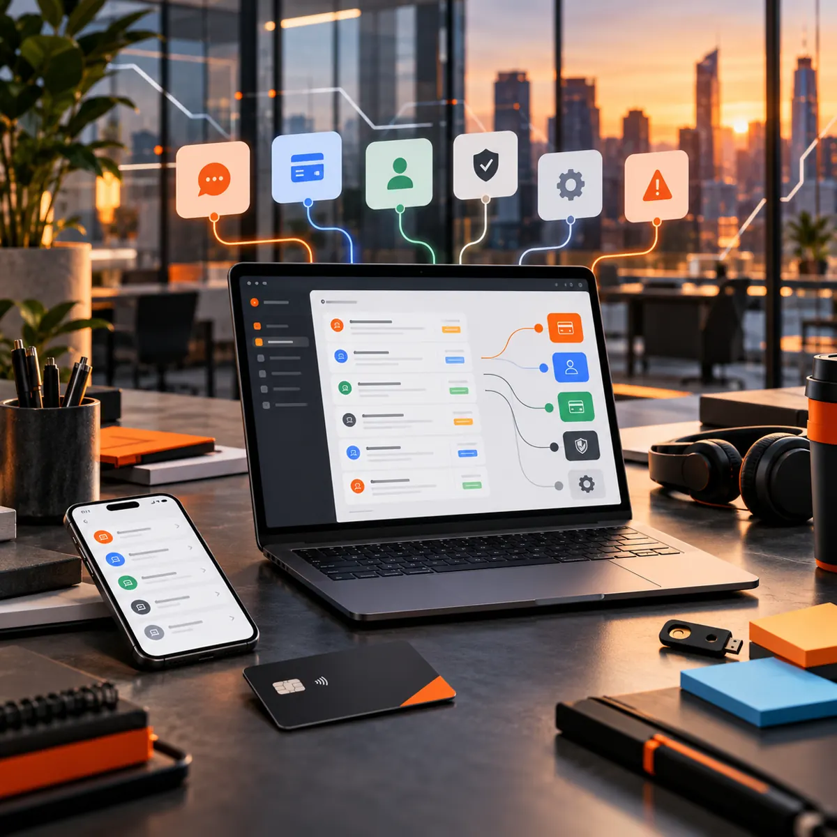 Fintech startup product studio with laptop and phone support flows, contactless payment card, secure hardware key, headphones, and city skyline
