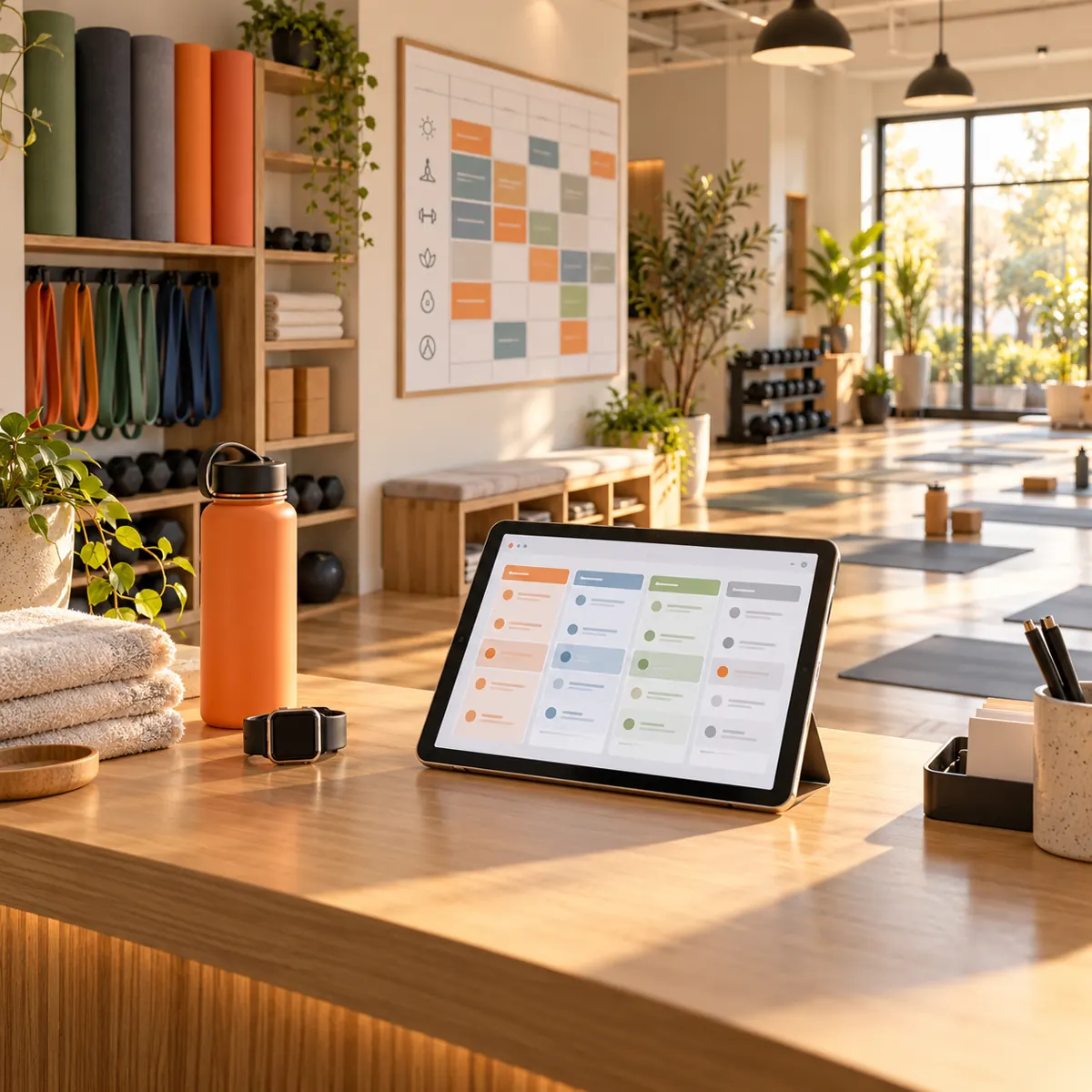 Bright fitness studio reception with class schedule, yoga mats, resistance bands, smartwatch, water bottle, towels, and tablet support lanes