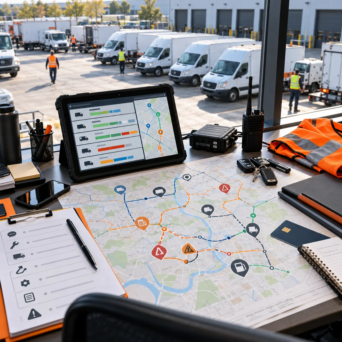 Fleet operations desk with delivery trucks, route maps, rugged telematics tablet, vehicle keys, radio, fuel card, dispatch clipboard, and orange safety vest