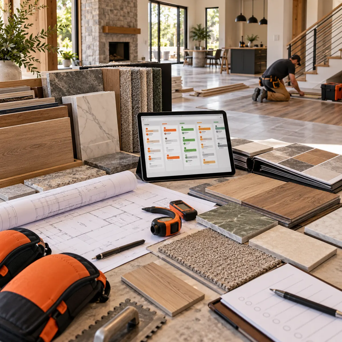 Flooring contractor showroom and installation project with wood, tile, stone, carpet samples, plans, laser measure, tablet request lanes, tools, and a finished room