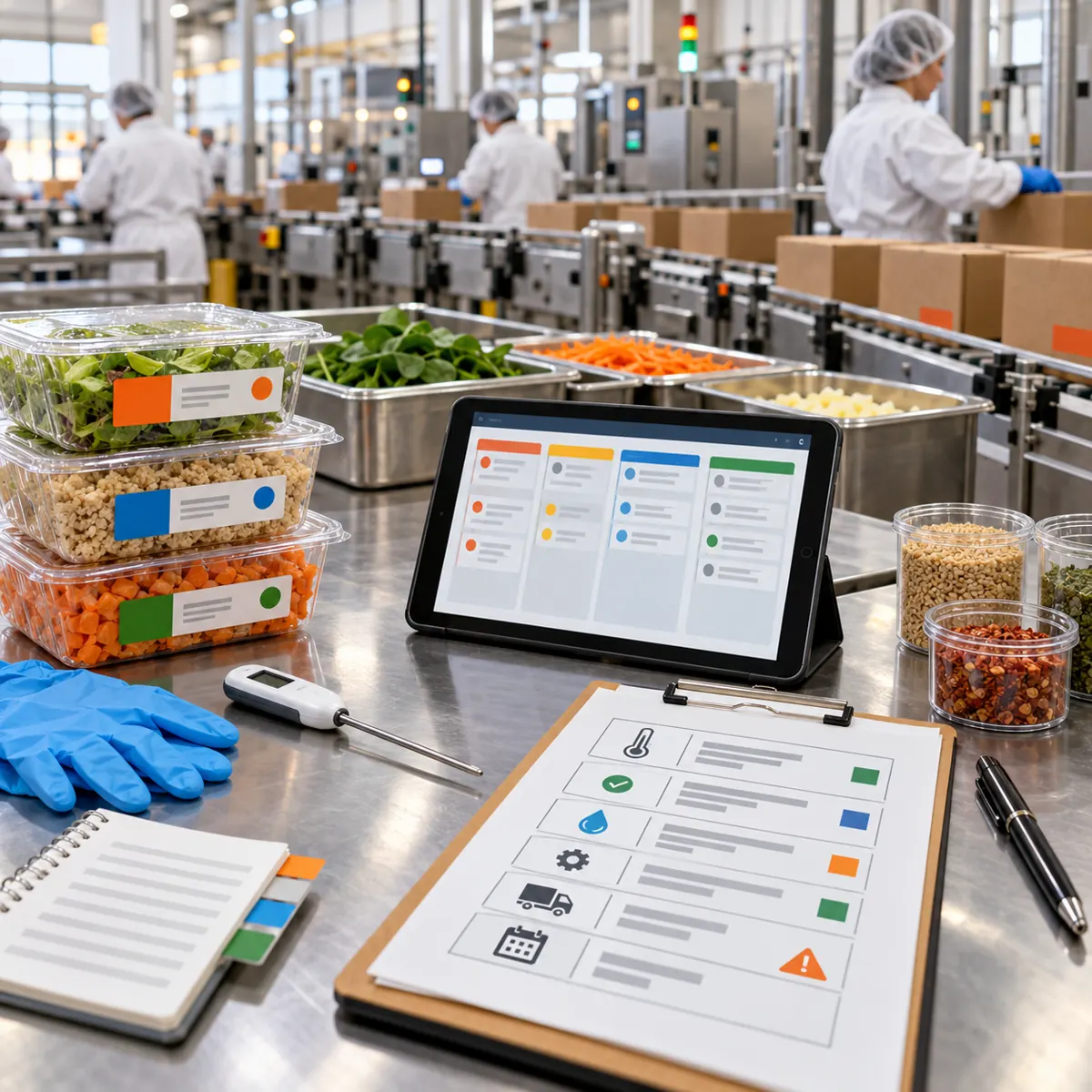 Food manufacturing quality desk with sealed batch samples, ingredient trays, color-coded lot labels, temperature probe, tablet ticket lanes, gloves, clipboard, and packaging line