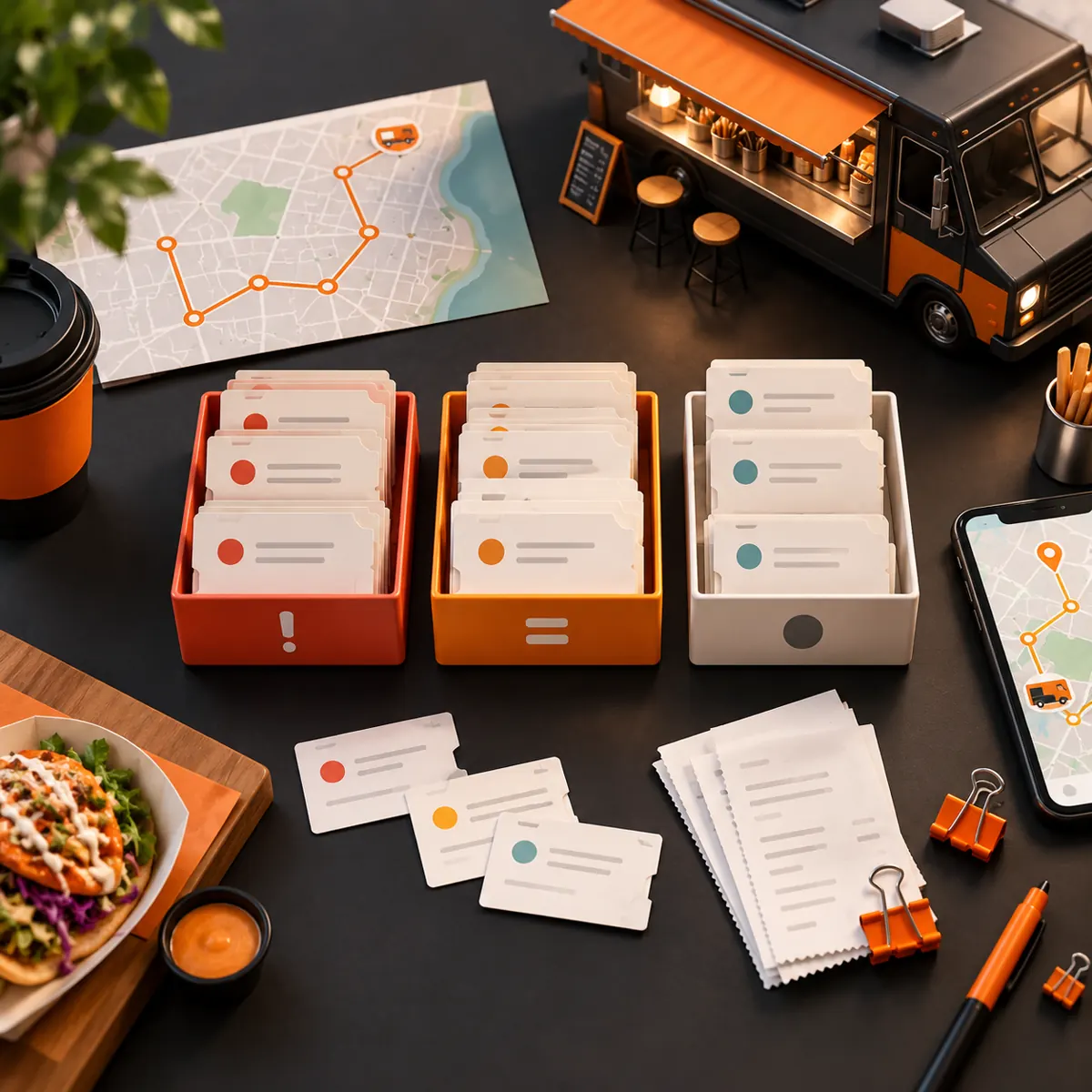 Editorial top-down food truck support workflow with prioritized tickets, route map, and orange markers