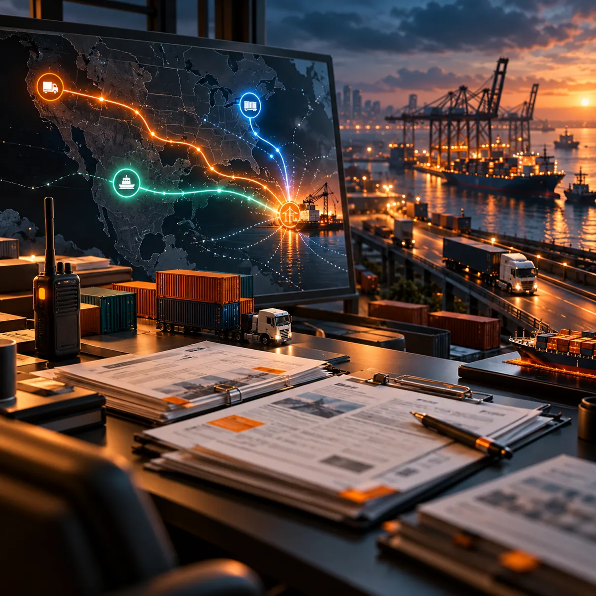 Freight brokerage dispatch desk with route board, shipping documents, cargo containers, and priority signals