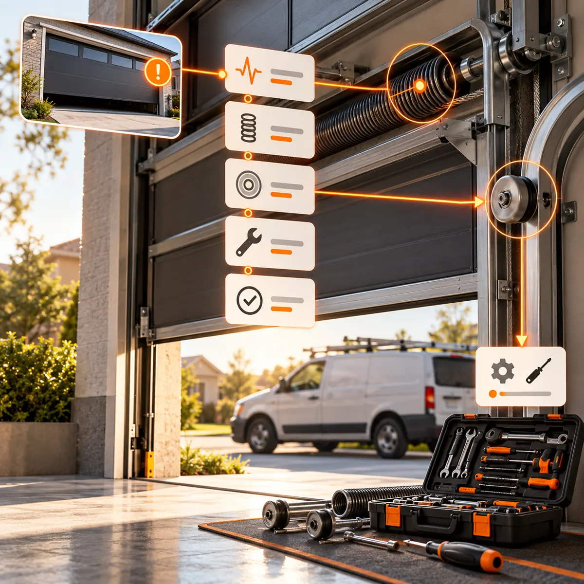 Garage door service scene with mechanical components, diagnostic cards, tools, and orange service path
