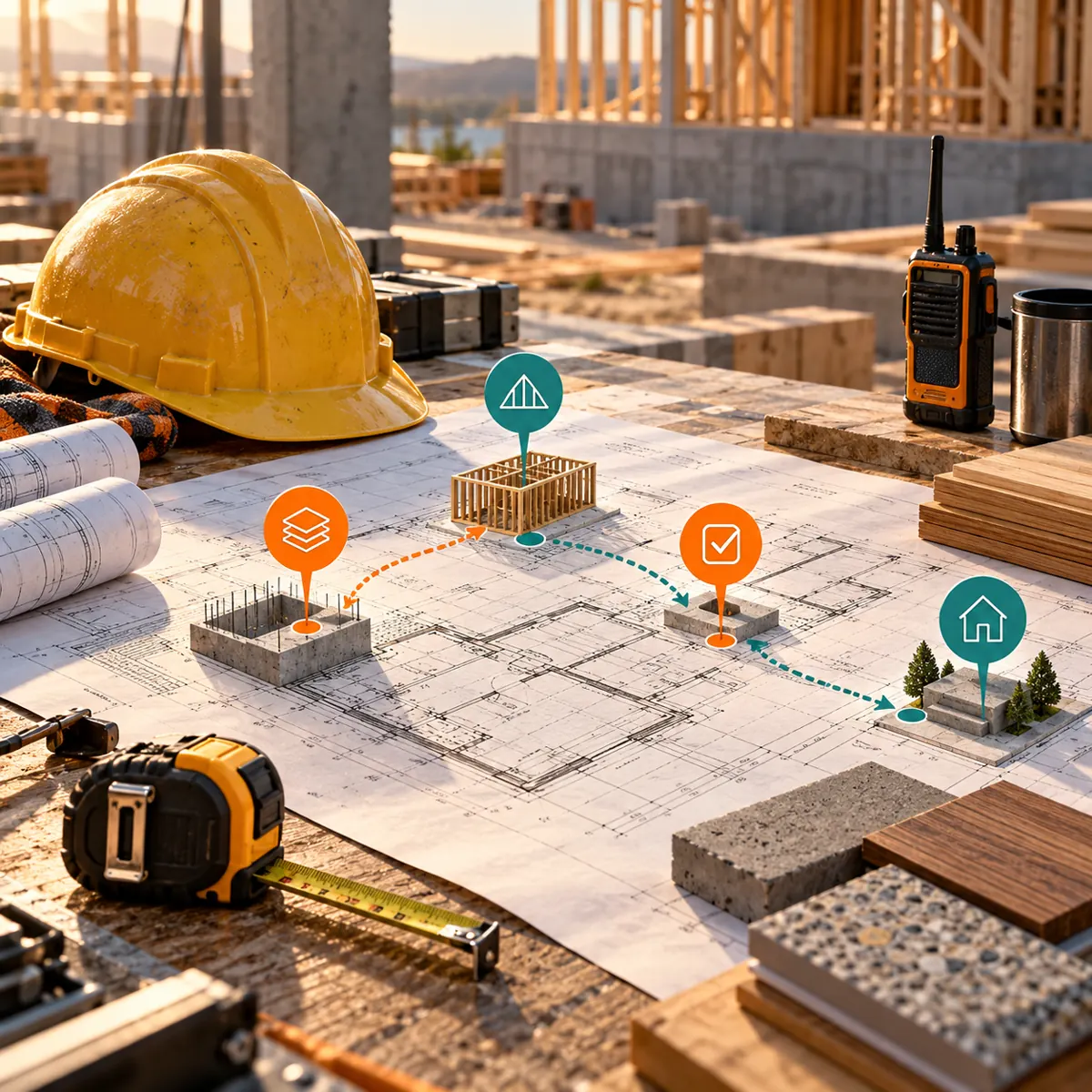 Construction coordination table with blueprint, hard hat, material samples, radio, and project phase markers