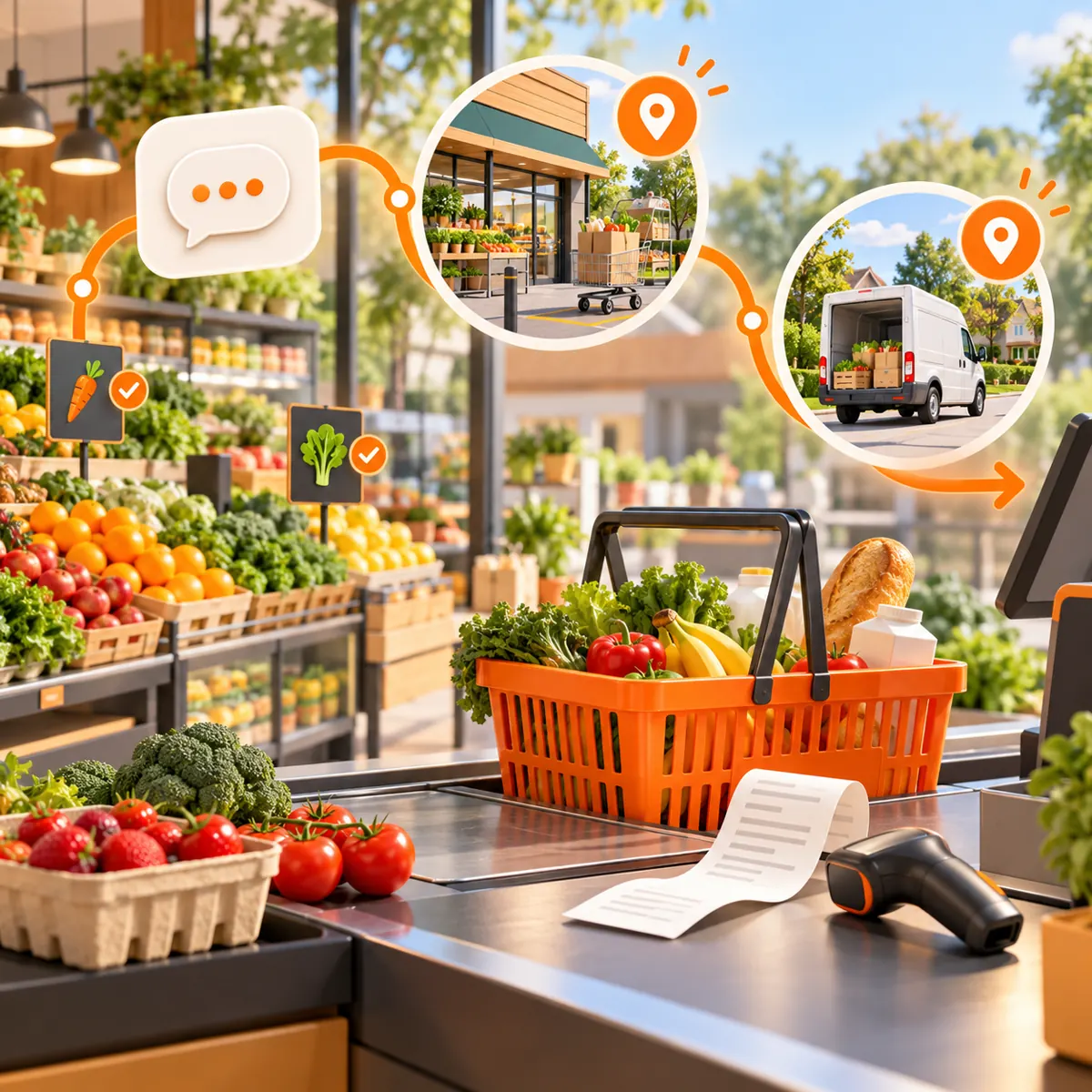 Bright grocery store scene with fresh produce, shopping basket, scanner, receipts, pickup, and delivery route