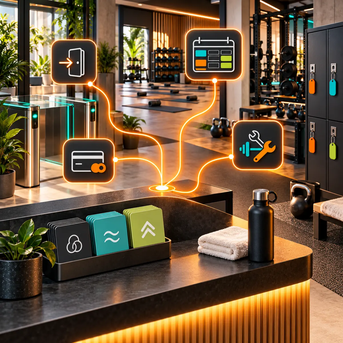 Modern gym reception with access gates, class schedule, membership cards, lockers, and orange support paths